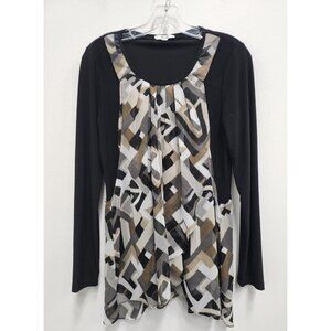M.I.K.O. Womens Tunic Top Medium Black Tan Chiffon Abstract Overlay Long Sleeve